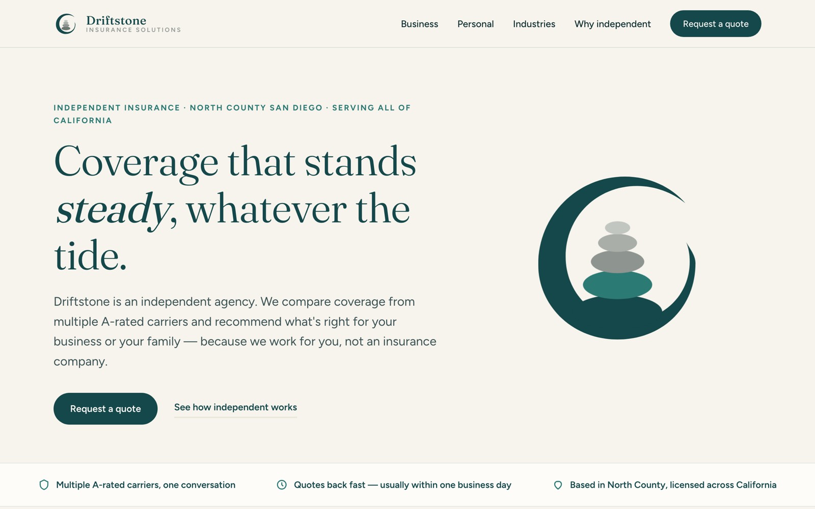 Driftstone Insurance Solutions homepage — hero reading 'Coverage that stands steady, whatever the tide'