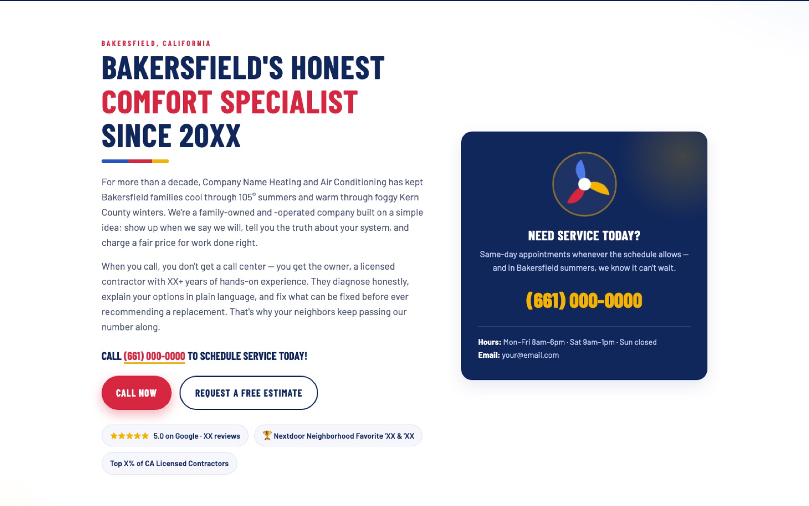 HVAC demo homepage — hero reading 'Bakersfield's Honest Comfort Specialist'