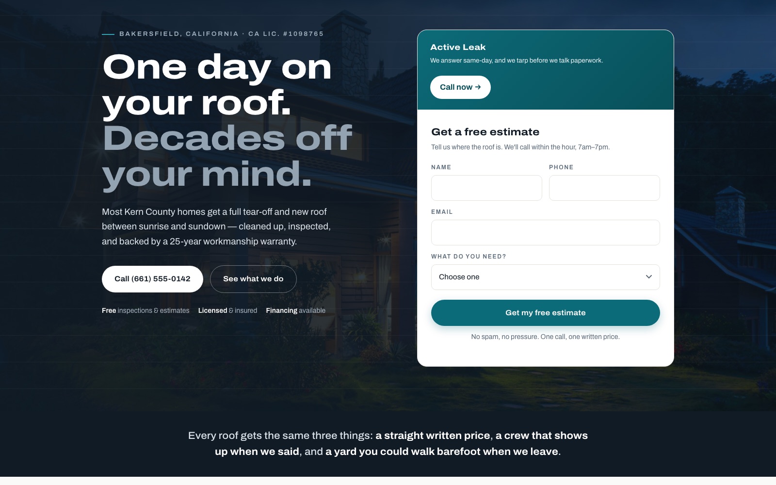 Roofing demo homepage — dark hero reading 'One day on your roof. Decades off your mind.' with a free-estimate form