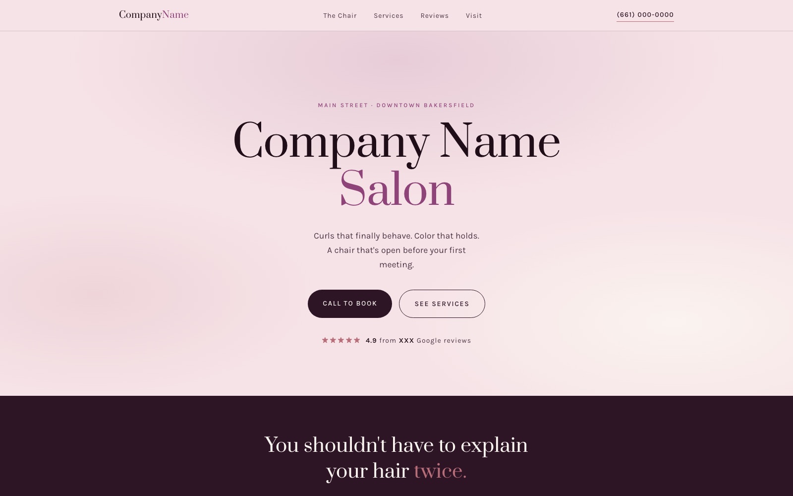 Salon demo homepage — pink hero reading 'Company Name Salon' with call-to-book buttons